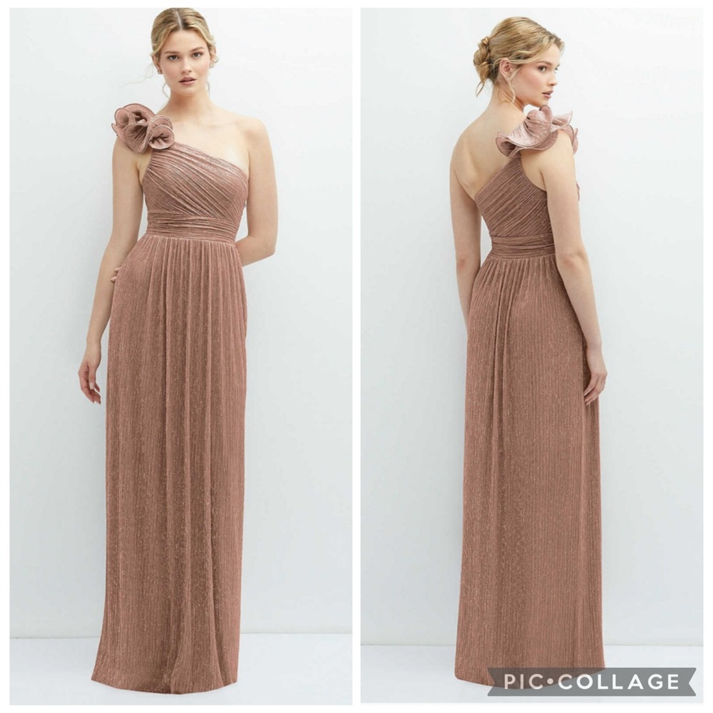 After Six One-Shoulder Rose Gold Maxidress with Floral Shoulder Detail